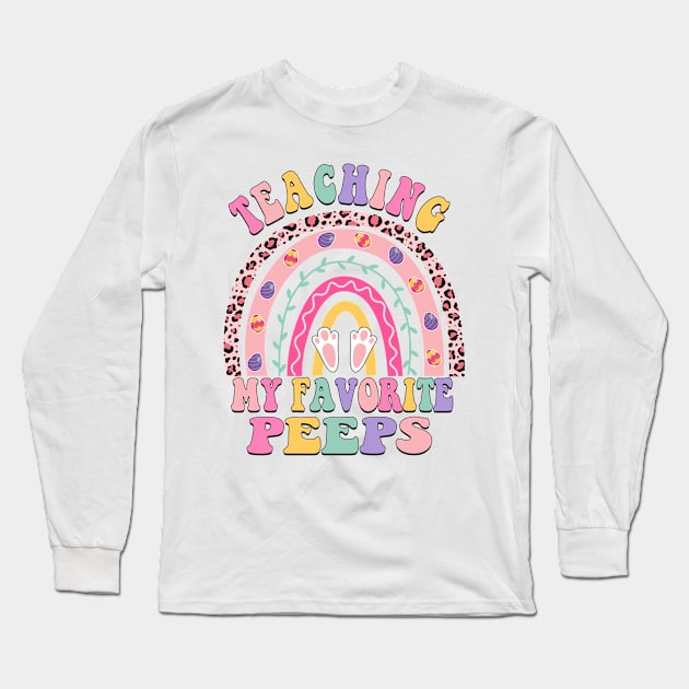 Teaching My Favorite Peeps Teacher Easter Rainbow Bunny Long Sleeve T-Shirt by Audell Richardson